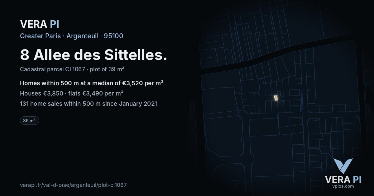 8 Allee des Sittelles, Argenteuil at night – the plot lit, the parcels around coloured by the prices near them