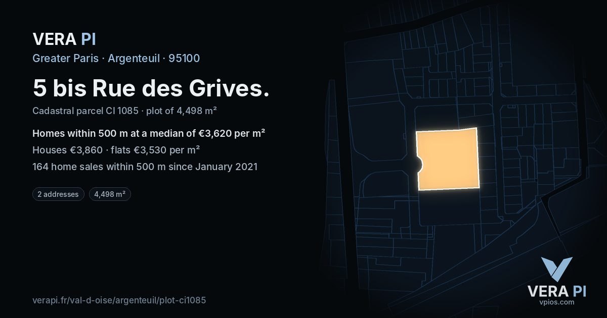 5 bis Rue des Grives, Argenteuil at night – the plot lit, the parcels around coloured by the prices near them