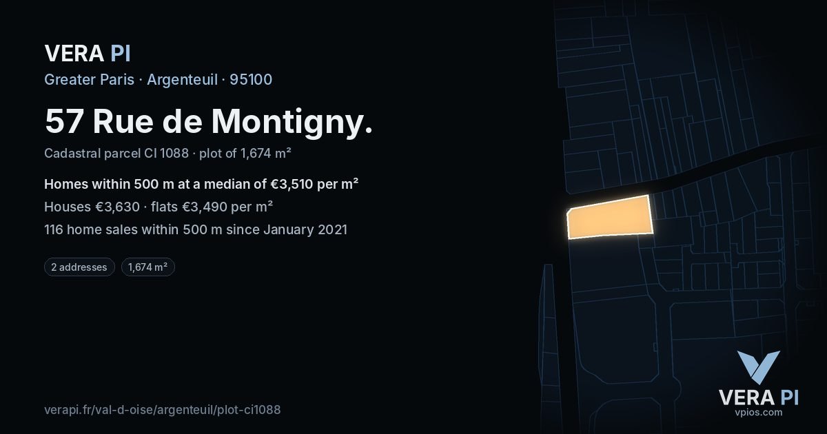 57 Rue de Montigny, Argenteuil at night – the plot lit, the parcels around coloured by the prices near them