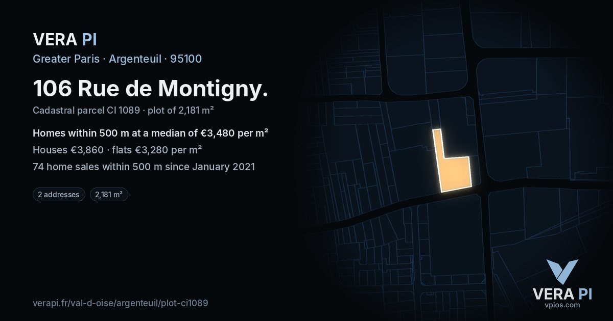 106 Rue de Montigny, Argenteuil at night – the plot lit, the parcels around coloured by the prices near them