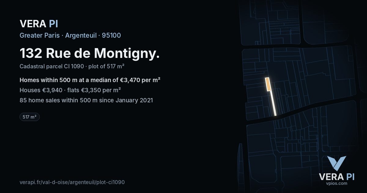 132 Rue de Montigny, Argenteuil at night – the plot lit, the parcels around coloured by the prices near them