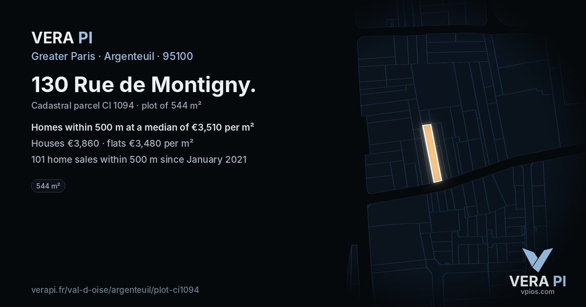 130 Rue de Montigny, Argenteuil at night – the plot lit, the parcels around coloured by the prices near them