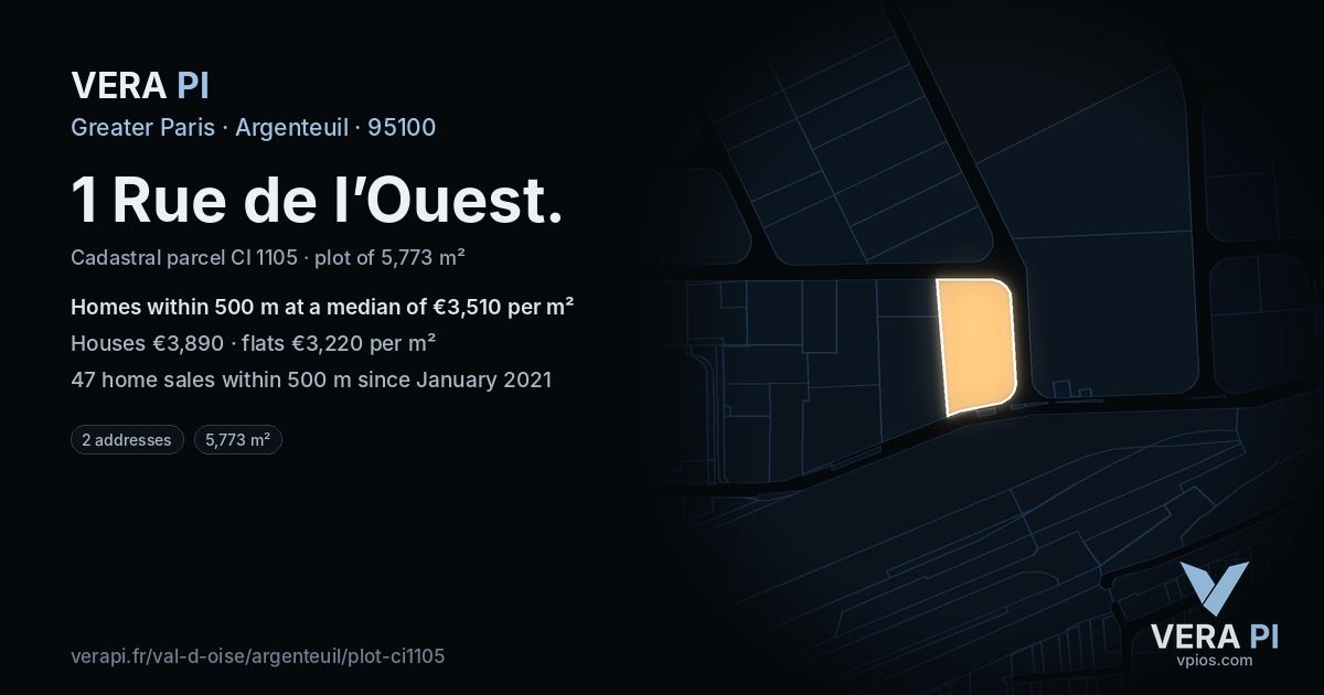 1 Rue de l’Ouest, Argenteuil at night – the plot lit, the parcels around coloured by the prices near them