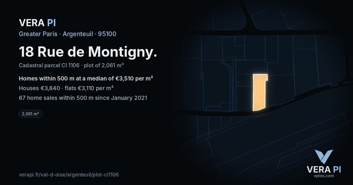 18 Rue de Montigny, Argenteuil at night – the plot lit, the parcels around coloured by the prices near them