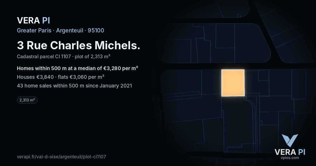 3 Rue Charles Michels, Argenteuil at night – the plot lit, the parcels around coloured by the prices near them
