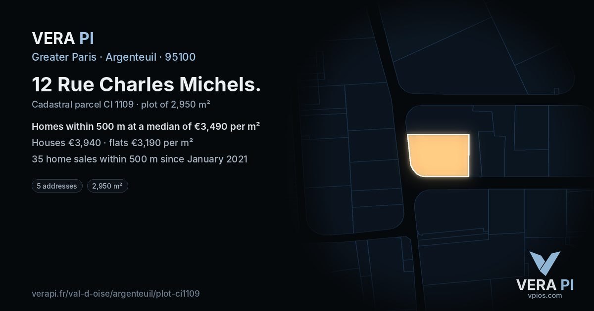 12 Rue Charles Michels, Argenteuil at night – the plot lit, the parcels around coloured by the prices near them