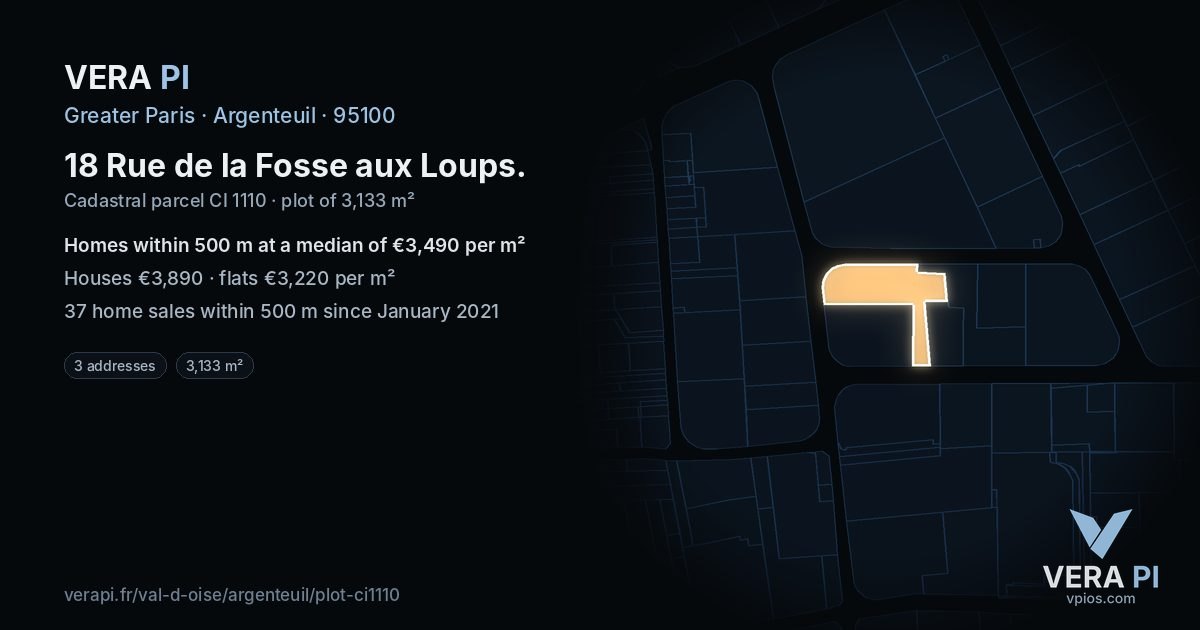 18 Rue de la Fosse aux Loups, Argenteuil at night – the plot lit, the parcels around coloured by the prices near them