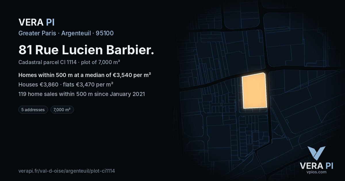 81 Rue Lucien Barbier, Argenteuil at night – the plot lit, the parcels around coloured by the prices near them