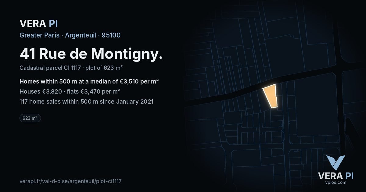 41 Rue de Montigny, Argenteuil at night – the plot lit, the parcels around coloured by the prices near them