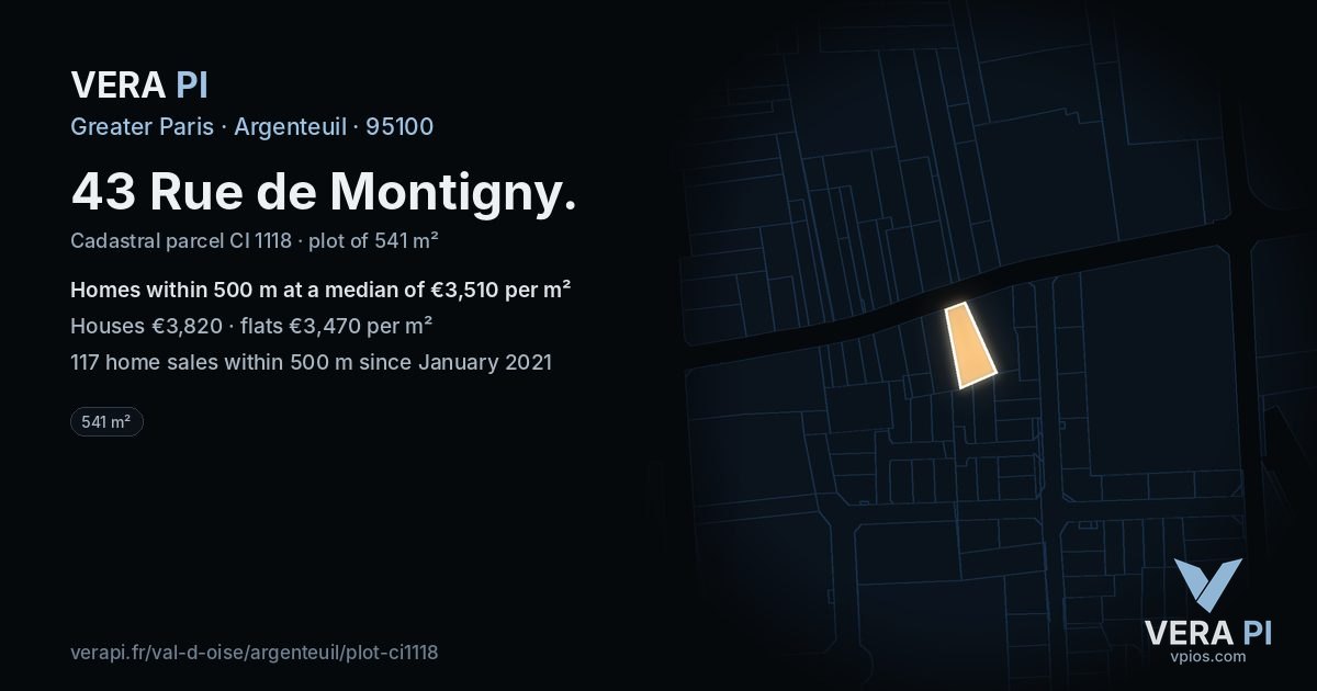 43 Rue de Montigny, Argenteuil at night – the plot lit, the parcels around coloured by the prices near them