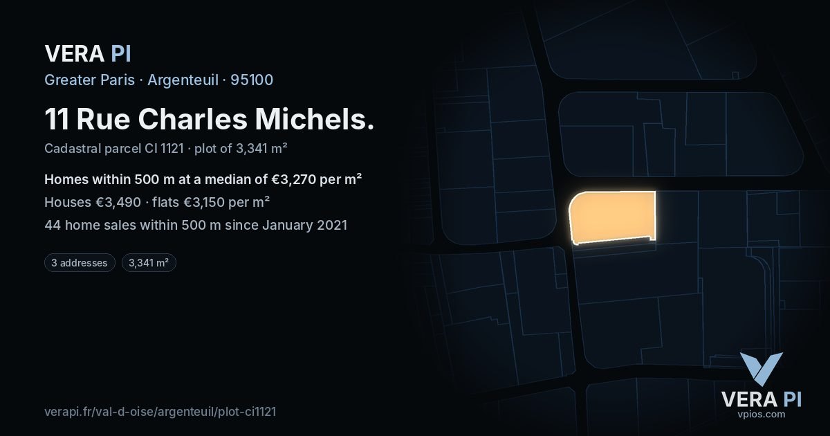 11 Rue Charles Michels, Argenteuil at night – the plot lit, the parcels around coloured by the prices near them