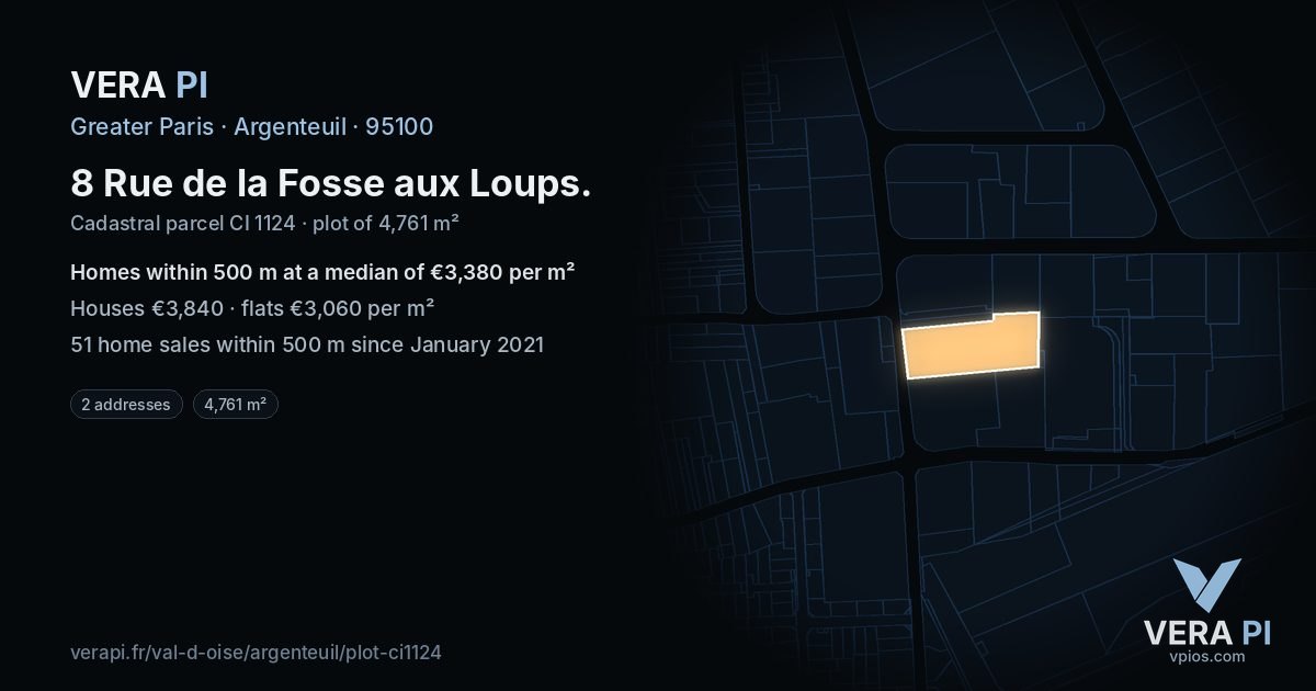 8 Rue de la Fosse aux Loups, Argenteuil at night – the plot lit, the parcels around coloured by the prices near them