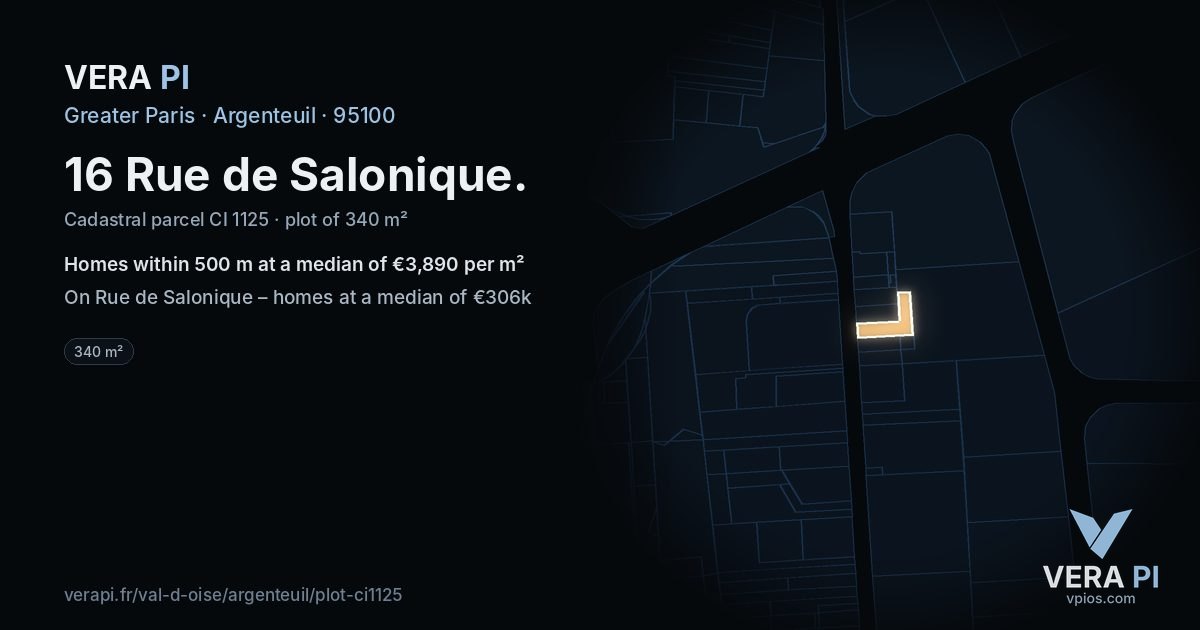 16 Rue de Salonique, Argenteuil at night – the plot lit, the parcels around coloured by the prices near them