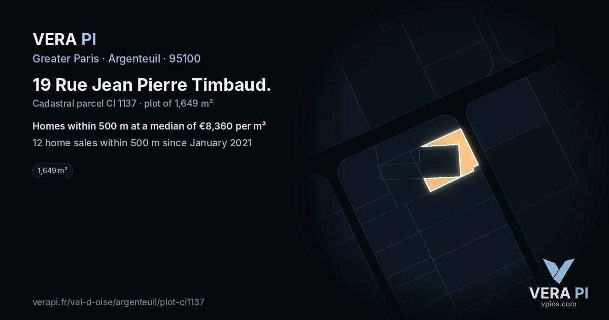 19 Rue Jean Pierre Timbaud, Argenteuil at night – the plot lit, the parcels around coloured by the prices near them