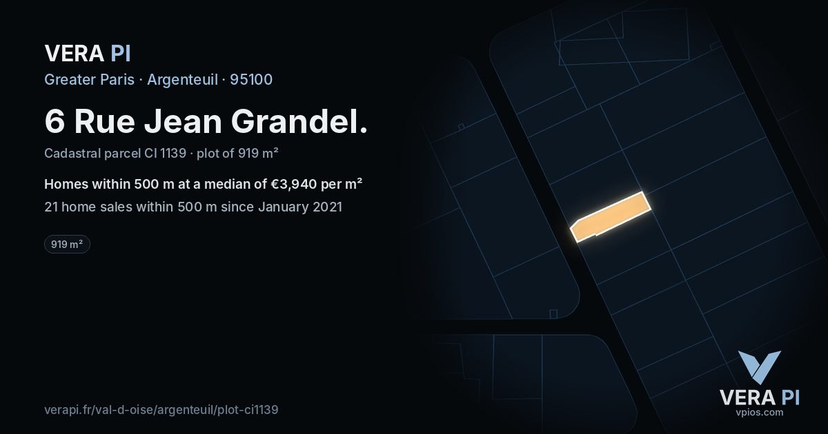 6 Rue Jean Grandel, Argenteuil at night – the plot lit, the parcels around coloured by the prices near them