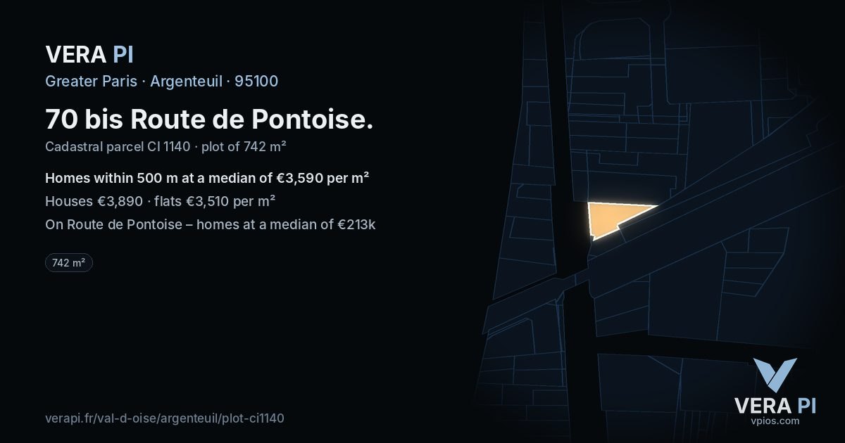 70 bis Route de Pontoise, Argenteuil at night – the plot lit, the parcels around coloured by the prices near them