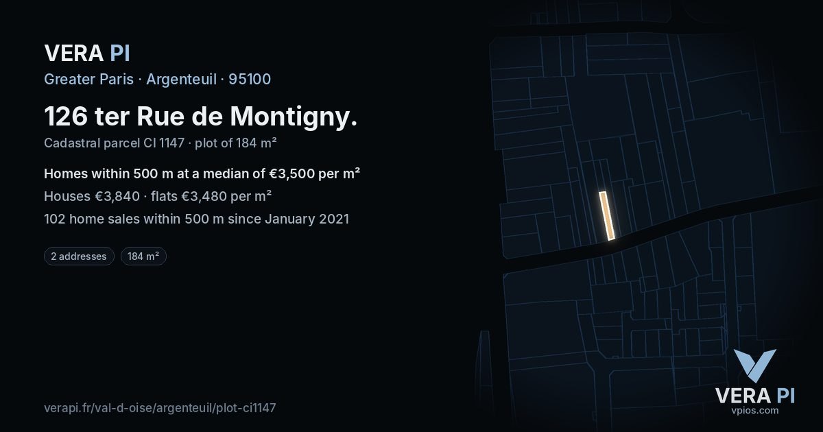 126 ter Rue de Montigny, Argenteuil at night – the plot lit, the parcels around coloured by the prices near them