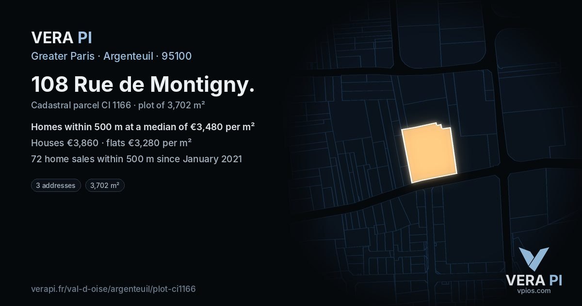 108 Rue de Montigny, Argenteuil at night – the plot lit, the parcels around coloured by the prices near them