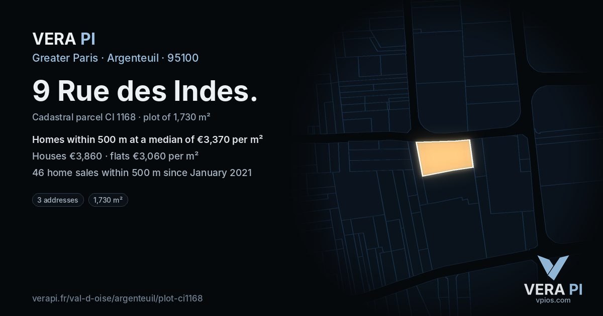9 Rue des Indes, Argenteuil at night – the plot lit, the parcels around coloured by the prices near them