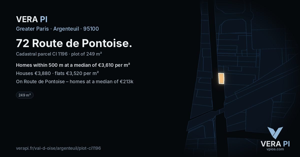 72 Route de Pontoise, Argenteuil at night – the plot lit, the parcels around coloured by the prices near them