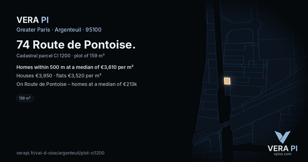 74 Route de Pontoise, Argenteuil at night – the plot lit, the parcels around coloured by the prices near them