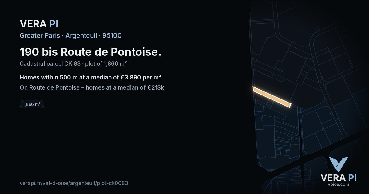 190 bis Route de Pontoise, Argenteuil at night – the plot lit, the parcels around coloured by the prices near them