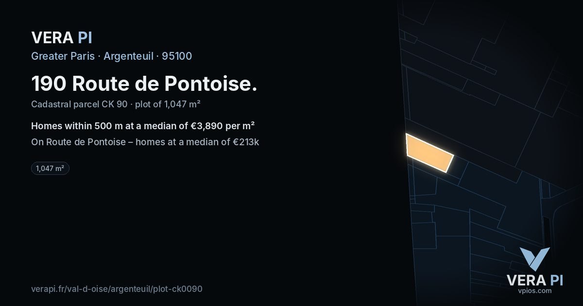 190 Route de Pontoise, Argenteuil at night – the plot lit, the parcels around coloured by the prices near them