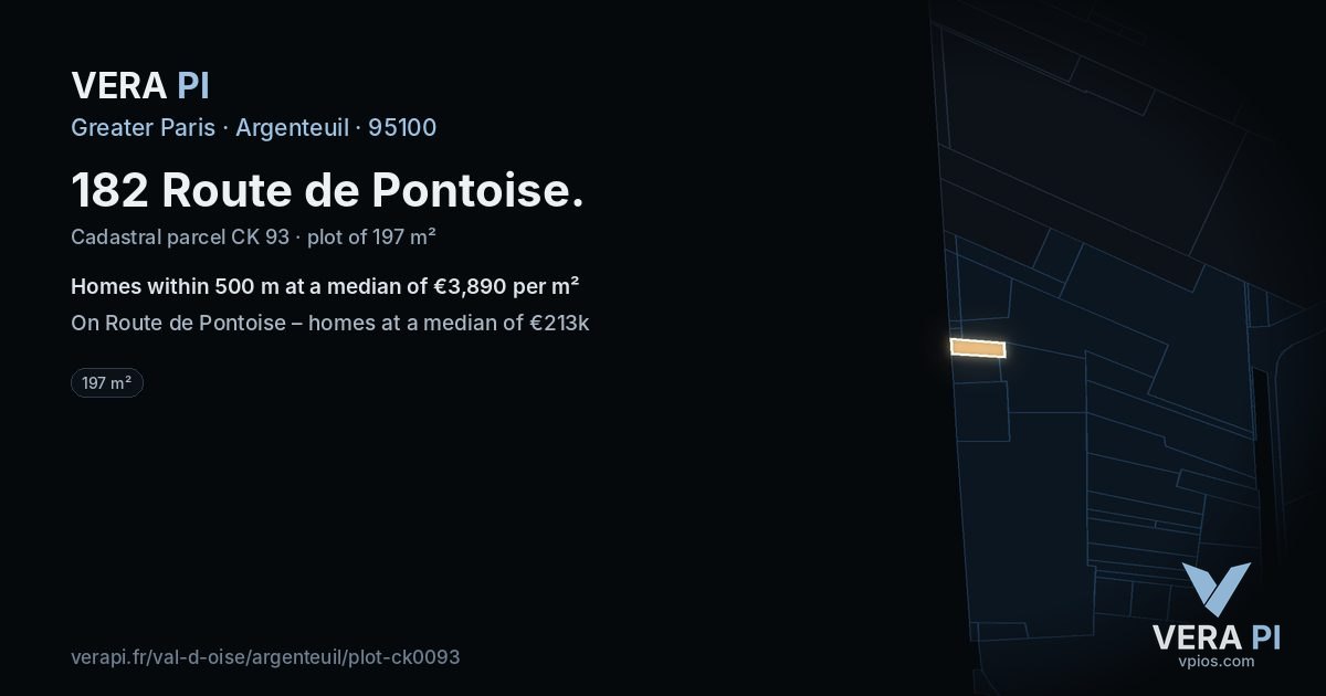 182 Route de Pontoise, Argenteuil at night – the plot lit, the parcels around coloured by the prices near them