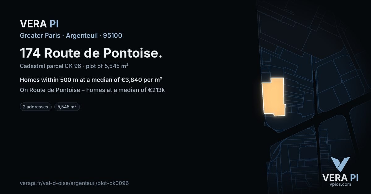 174 Route de Pontoise, Argenteuil at night – the plot lit, the parcels around coloured by the prices near them