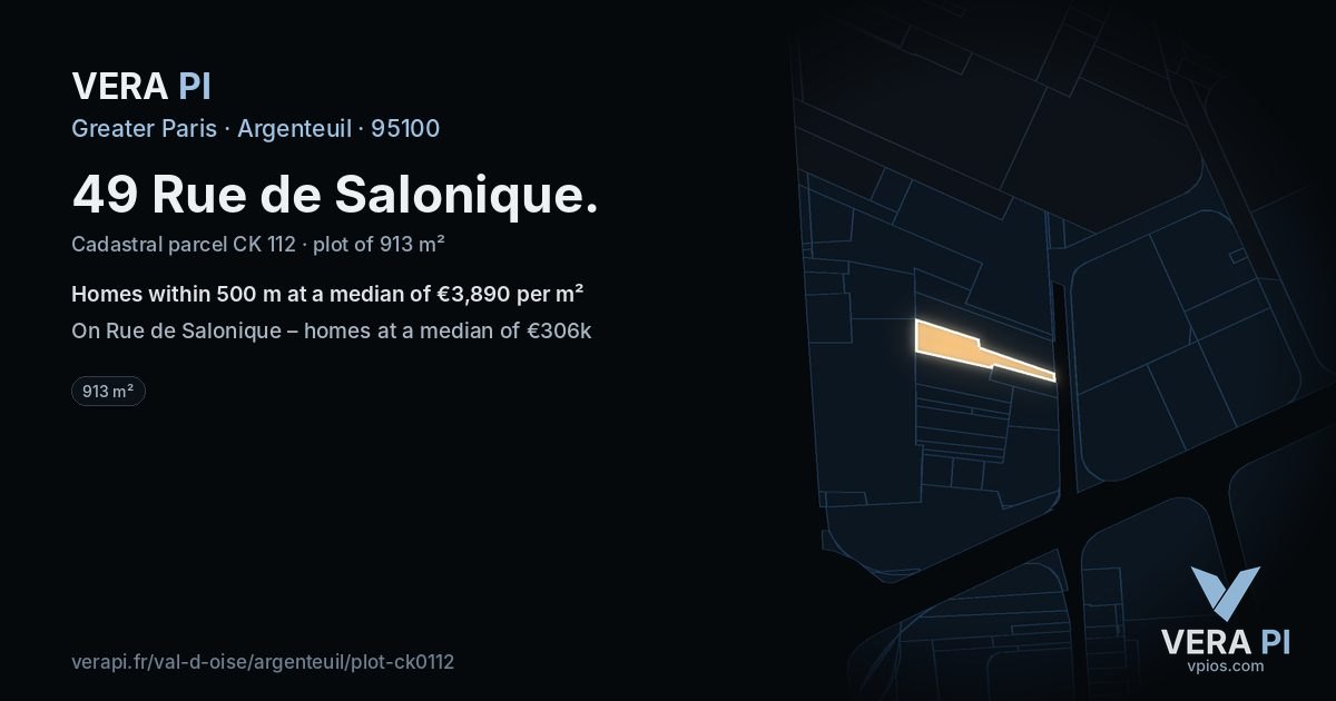 49 Rue de Salonique, Argenteuil at night – the plot lit, the parcels around coloured by the prices near them