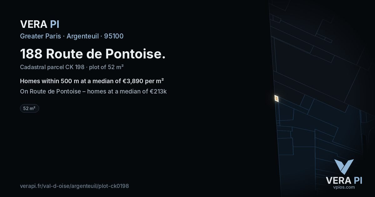 188 Route de Pontoise, Argenteuil at night – the plot lit, the parcels around coloured by the prices near them