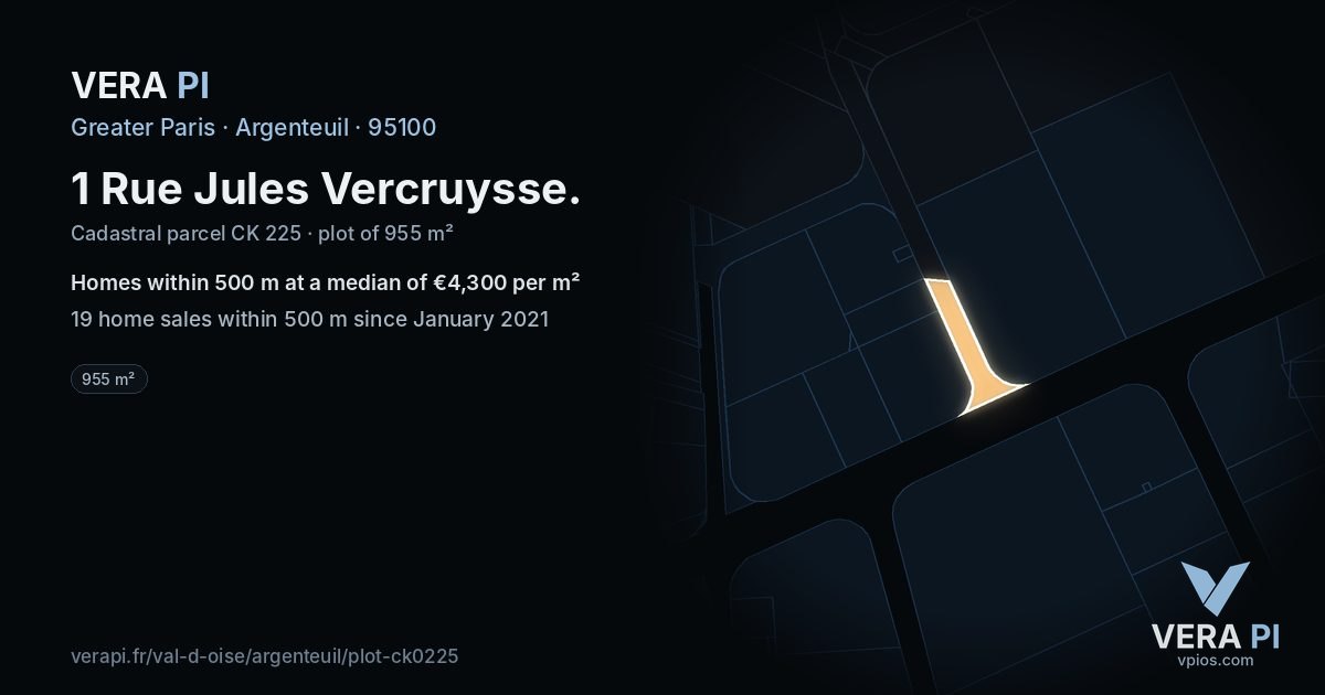 1 Rue Jules Vercruysse, Argenteuil at night – the plot lit, the parcels around coloured by the prices near them