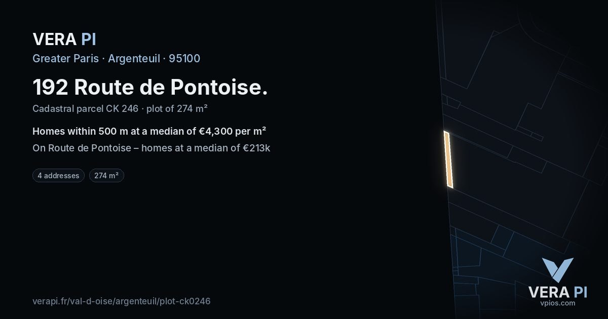 192 Route de Pontoise, Argenteuil at night – the plot lit, the parcels around coloured by the prices near them