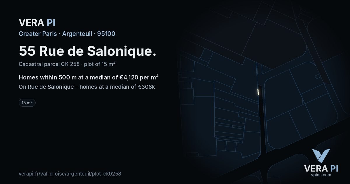 55 Rue de Salonique, Argenteuil at night – the plot lit, the parcels around coloured by the prices near them
