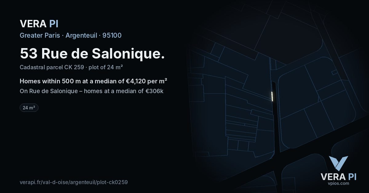53 Rue de Salonique, Argenteuil at night – the plot lit, the parcels around coloured by the prices near them