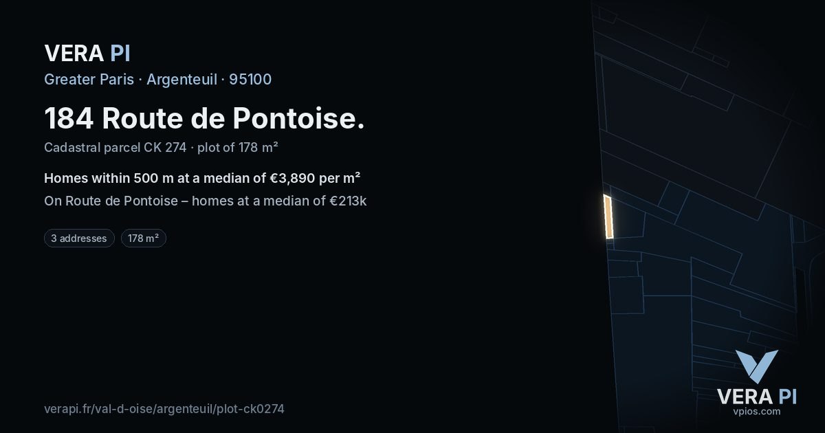 184 Route de Pontoise, Argenteuil at night – the plot lit, the parcels around coloured by the prices near them