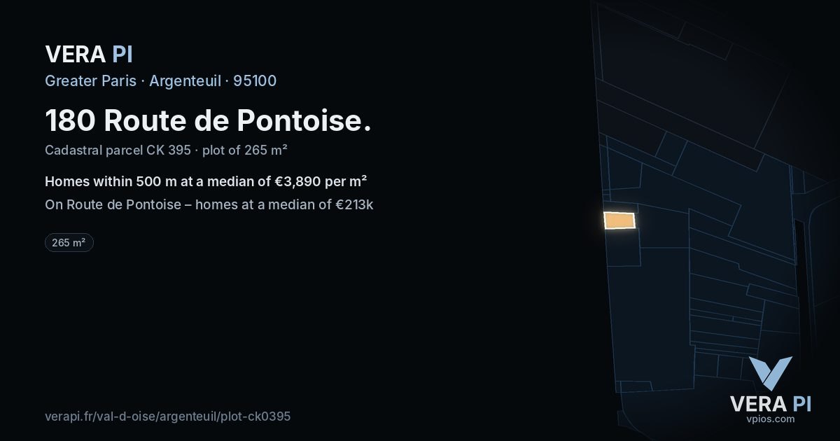 180 Route de Pontoise, Argenteuil at night – the plot lit, the parcels around coloured by the prices near them