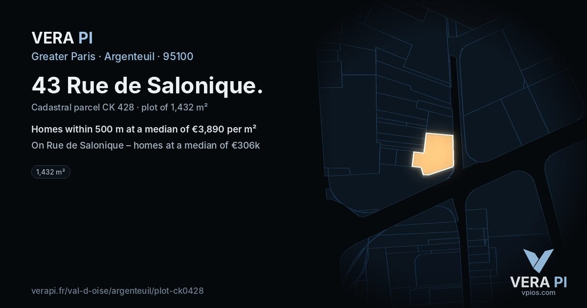 43 Rue de Salonique, Argenteuil at night – the plot lit, the parcels around coloured by the prices near them