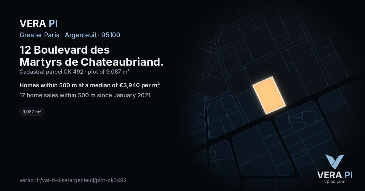 12 Boulevard des Martyrs de Chateaubriand, Argenteuil at night – the plot lit, the parcels around coloured by the prices near them