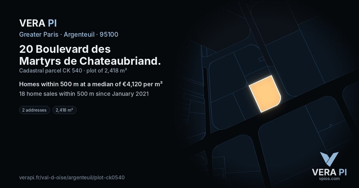20 Boulevard des Martyrs de Chateaubriand, Argenteuil at night – the plot lit, the parcels around coloured by the prices near them