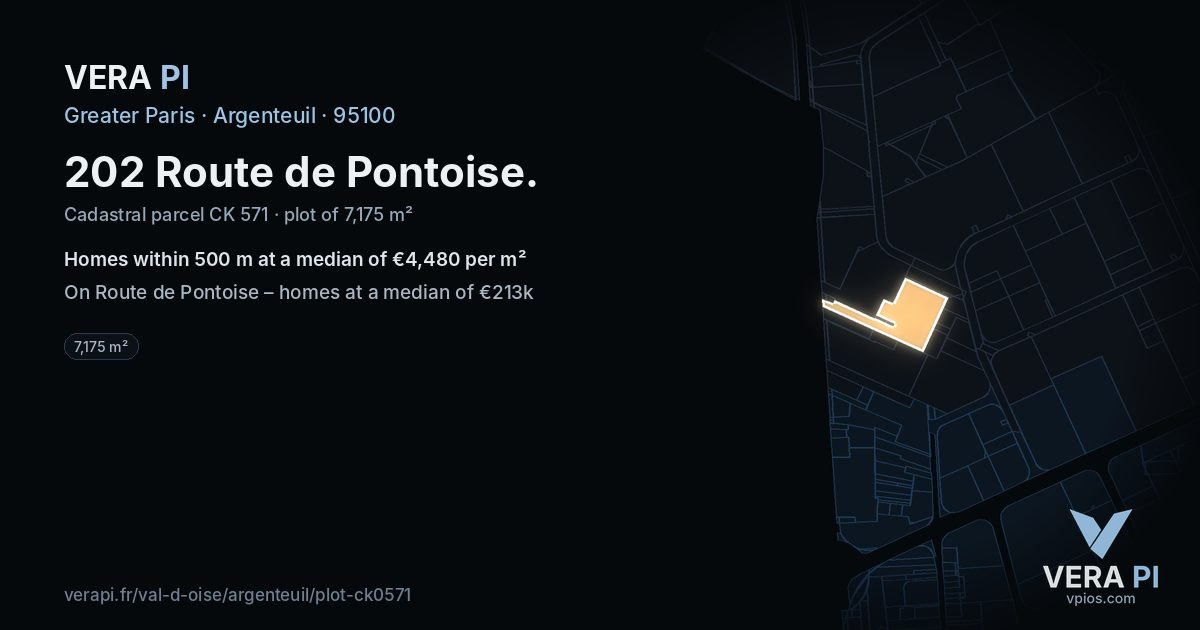 202 Route de Pontoise, Argenteuil at night – the plot lit, the parcels around coloured by the prices near them