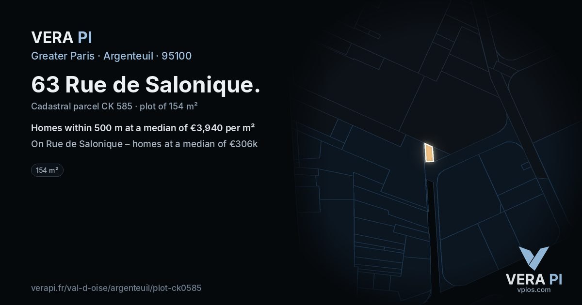 63 Rue de Salonique, Argenteuil at night – the plot lit, the parcels around coloured by the prices near them