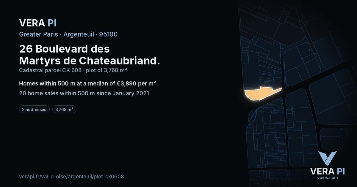 26 Boulevard des Martyrs de Chateaubriand, Argenteuil at night – the plot lit, the parcels around coloured by the prices near them