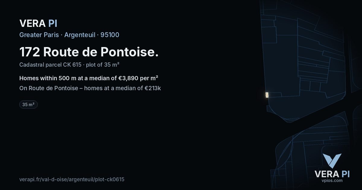 172 Route de Pontoise, Argenteuil at night – the plot lit, the parcels around coloured by the prices near them