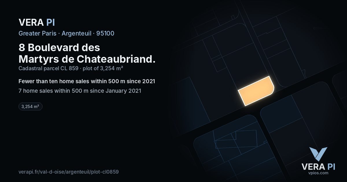 8 Boulevard des Martyrs de Chateaubriand, Argenteuil at night – the plot lit, the parcels around coloured by the prices near them