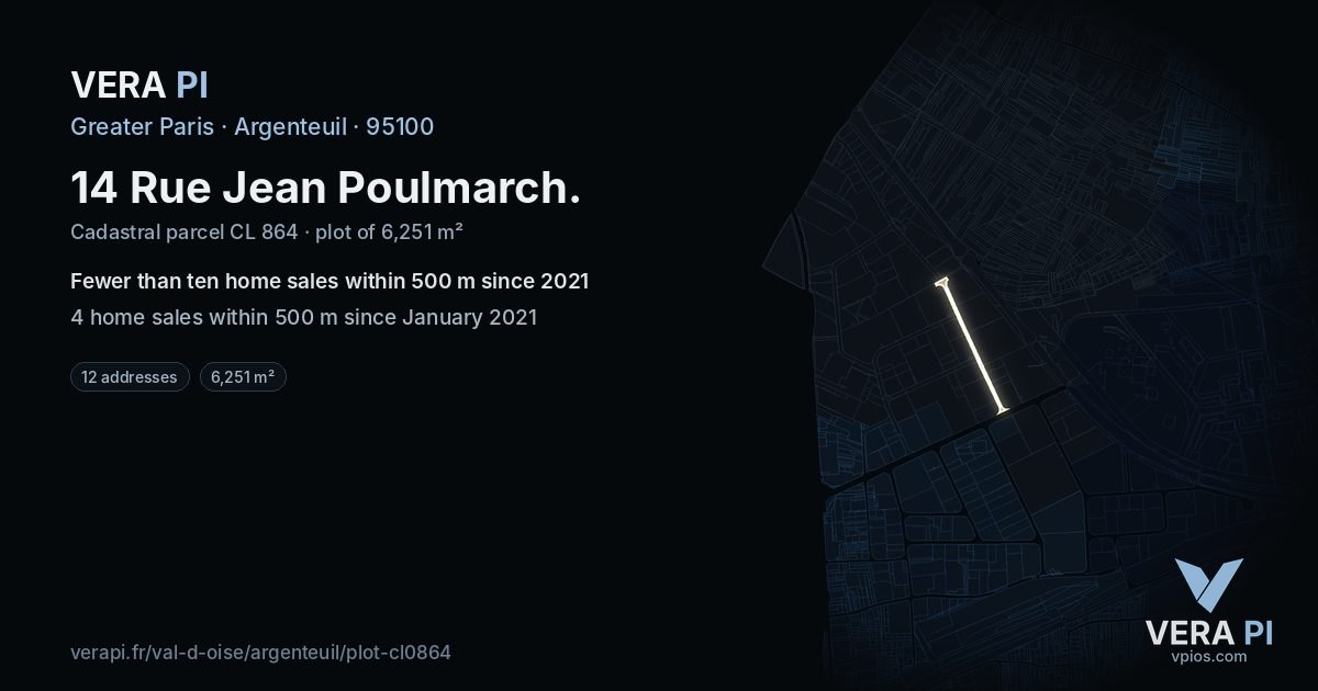 14 Rue Jean Poulmarch, Argenteuil at night – the plot lit, the parcels around coloured by the prices near them