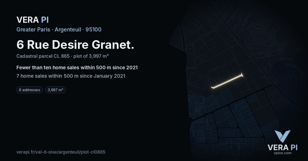 6 Rue Desire Granet, Argenteuil at night – the plot lit, the parcels around coloured by the prices near them