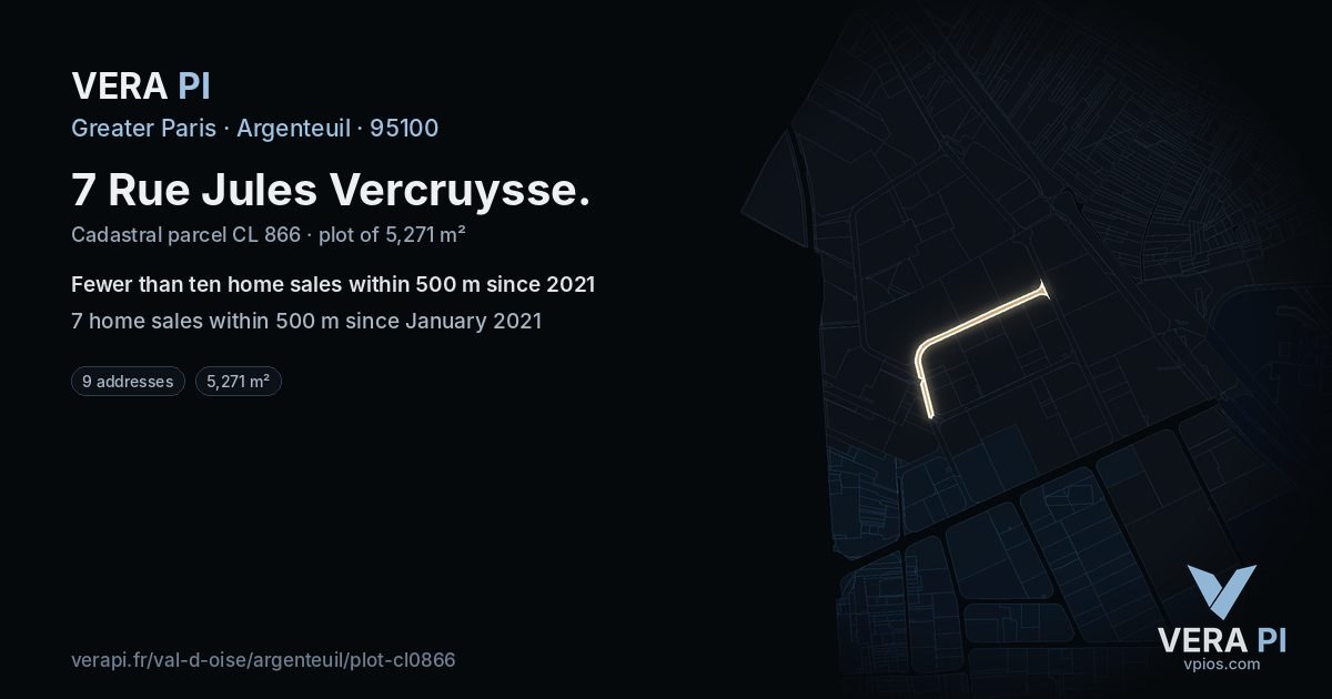 7 Rue Jules Vercruysse, Argenteuil at night – the plot lit, the parcels around coloured by the prices near them