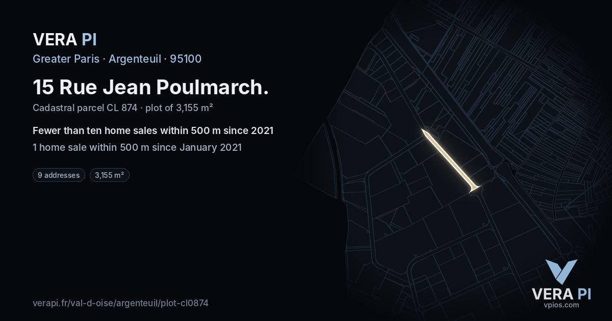 15 Rue Jean Poulmarch, Argenteuil at night – the plot lit, the parcels around coloured by the prices near them