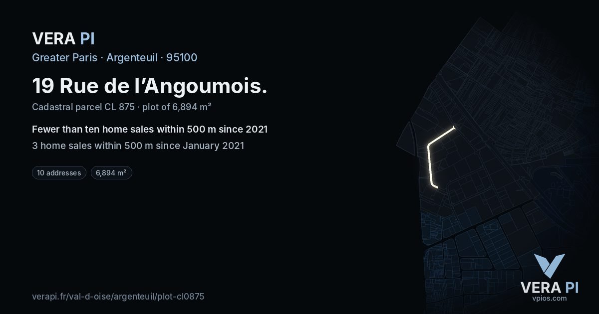 19 Rue de l’Angoumois, Argenteuil at night – the plot lit, the parcels around coloured by the prices near them